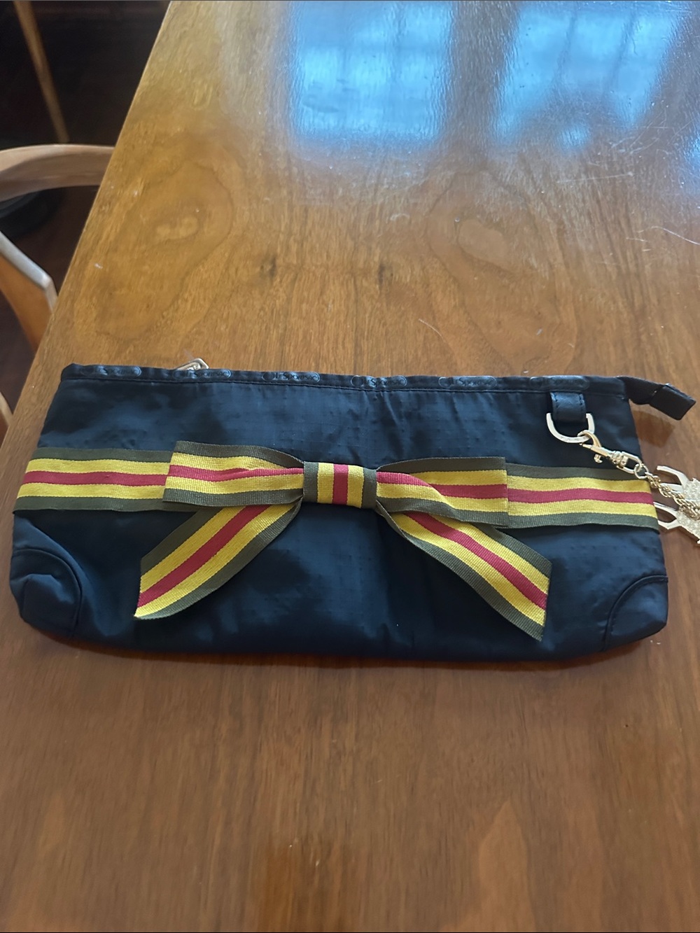 L.A.M.B. Gwen Stefani Y2K Black Clutch with Red & Yellow Striped Bow